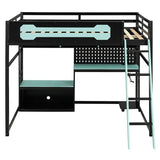 Merax Full Size Wood Loft Bed with Desk, Storage Shelves and Pegboard, Gaming Loft Bed with Light and USB Ports, Black+Blue Wooden Bed Frame Merax