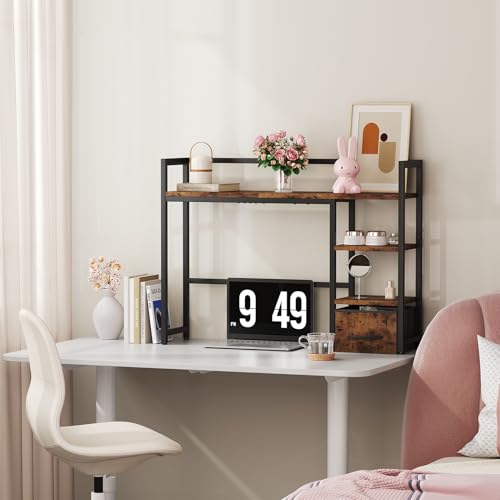 Marbrasse Desk Shelf with Drawer, 40" Desk Hutch for Computer Monitor, Wooden Desktop Bookshelf Storage Rack for Home Office Dorm - Dark Brown Marbrasse