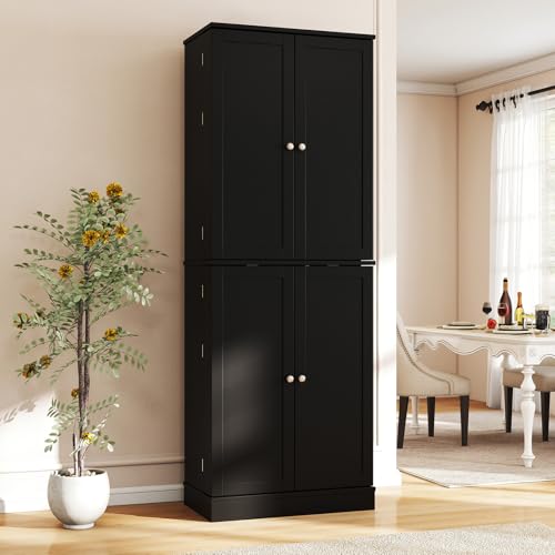 Giantex Kitchen Pantry Cabinet, 65.5" Tall Kitchen Hutch w/8-Tier Storage Cabinet, 16-Tier Door Shelves & Adjustable Shelves, 4-Door Freestanding Buffet Sideboard for Dining Room, Living Room (Black) Giantex