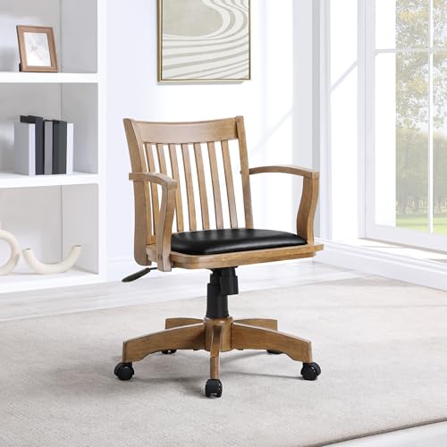 OSP Home Furnishings Deluxe Wood Banker's Desk Chair with Padded Seat, Adjustable Height and Locking Tilt, Fruitwood Finish and Black Vinyl Office Star Products