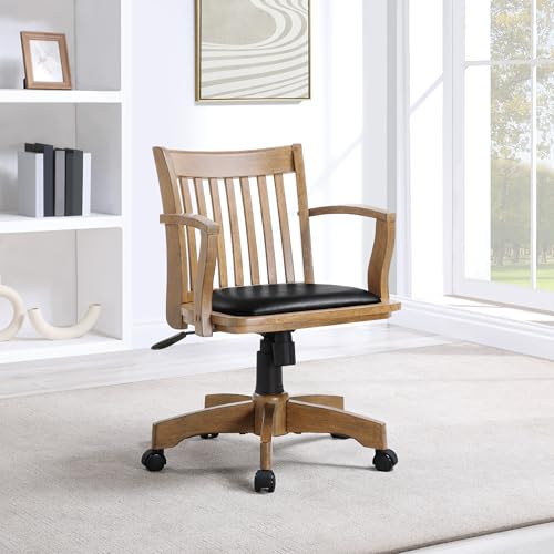 OSP Home Furnishings Deluxe Wood Banker's Desk Chair with Padded Seat, Adjustable Height and Locking Tilt, Fruitwood Finish and Black Vinyl - WoodArtSupply