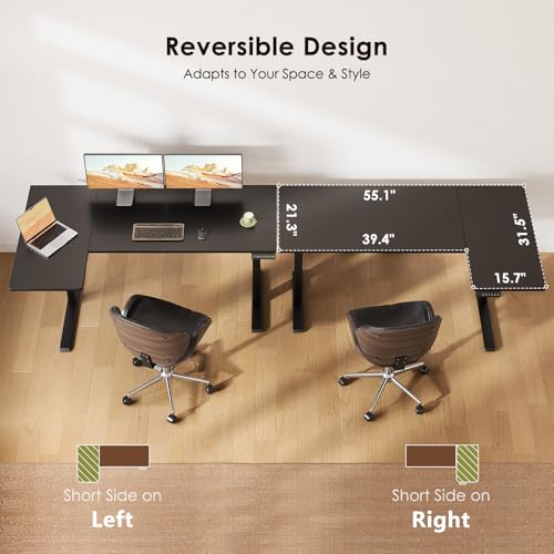 OffiGo Electric L Shaped Standing Desk, 55 Inches Height Adjustable Table, Reversiable Corner Stand Up Desk, Lifting Computer Table for Home Office, Computer Workstation, Carbon Fiber Black OffiGo