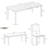 Merax Farmhouse Wooden Dining Set of 6, 72 Inch Extendable Kitchen Table, 4 Chairs w/Backrest, 2-Person Bench w/Cushion, Rustic Kitchen Table Set w/Distressed Finish & Carved Legs, Washed White Merax