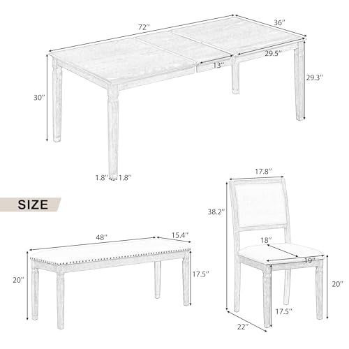 Merax Farmhouse Wooden Dining Set of 6, 72 Inch Extendable Kitchen Table, 4 Chairs with Backrest, 2-Person Bench with Cushion, Rustic Kitchen Table Set w/Retro Carved Legs Natural Wood Wash Merax