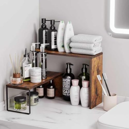 Vfelf Kitchen Countertop Organizer, Spice Rack Cabinet Organizer Shelf Stackable Counter Corner Shelves Organization and Storage for Pantry, Counter top, Coffee Station Wood Rustic Brown Vfelf