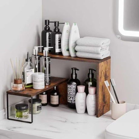 Vfelf Kitchen Countertop Organizer, Spice Rack Cabinet Organizer Shelf Stackable Counter Corner Shelves Organization and Storage for Pantry, Counter top, Coffee Station Wood Rustic Brown Vfelf