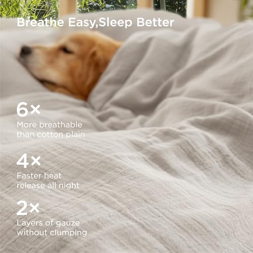 Bedsure Muslin Duvet Cover Queen Size - Cotton Blend Rayon Derived from Bamboo, Cooling Duvet Covet for Hot Sleepers - Ultra-Soft & Breathable Bedding Set for All Seasons(Oat Milk, 90"x90") Bedsure