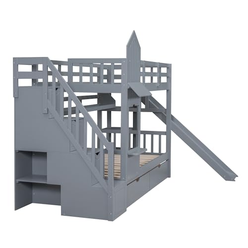 Ball & Cast Twin-Over-Twin Castle Style Bunk Bed,Wood Bunkbed w/ 2 Drawers and 3 Shelves,Full-Length Fence,Bedframe with Slide & Storage Ladder,Space Saving,Slat Support,for Child's Bedroom,Gray Ball & Cast