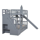 Ball & Cast Twin-Over-Twin Castle Style Bunk Bed,Wood Bunkbed w/ 2 Drawers and 3 Shelves,Full-Length Fence,Bedframe with Slide & Storage Ladder,Space Saving,Slat Support,for Child's Bedroom,Gray Ball & Cast
