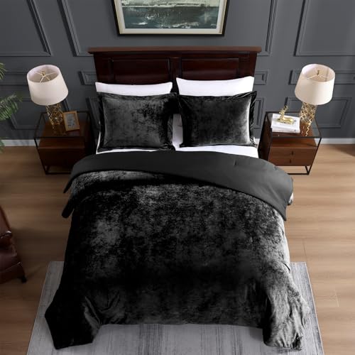 TAMGHO Crushed Velvet Comforter, Black Queen Comforter Set, Luxury Soft Velvet Bedding Set for All Seasons, 3pc Black Bed Set Queen, 1 Comforter (92"x96") and 2 Pillow Shams (20"x26"+2") TAMGHO