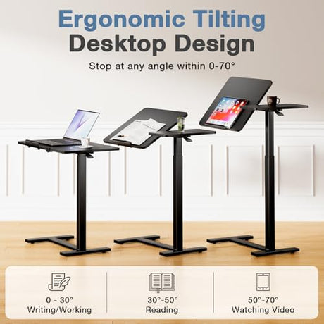 DUMOS Overbed Bedside Table Adjustable with Wheels, Mobile Standing Stand Up Rolling Laptop PC Desks with Tilting Top Height Tray Sofa Side Computer Workstation for Bedroom on Hospital Home Use, Black DUMOS