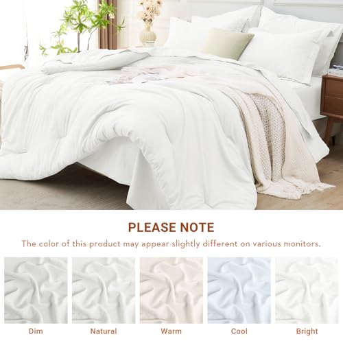 MUXHOMO 7 Pieces Queen Comforter Set, Soft Bed in a Bag Queen Size, All Season Bedding Set with Comforter, Flat Sheet, Fitted Sheet, Pillowcases & Shams, White MUXHOMO
