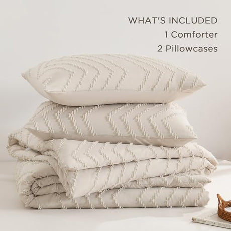 Andency Twin/Twin XL Comforter Set Beige, Twin Bed Comforter for College Dorm Girls Boys Kids Boho Cream Soft Warm Cute Neutral Comforter, 2 Pieces Aesthetic Chevron Bohemian Bedding Set Andency
