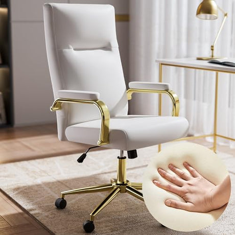 GXJ White and Gold Office Chair Memory Foam, White Leather Computer Desk Chairs with Wheels and Arms, High Back Executive Office Chair for Girl and Women GXJ
