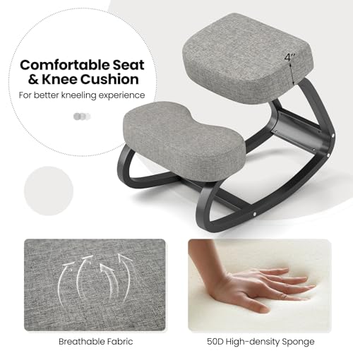 Goplus Ergonomic Kneeling Chair, Rocking Upright Posture Chair with Soft Seat & Knee Pads, Wooden Backless Knee Chair Relieves Neck Back Pain for Home Office Study, Gray and Black Goplus