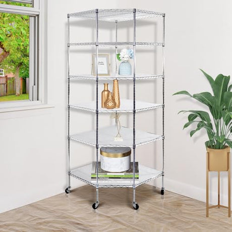 WOW PIONEER 6-Layer Corner Storage Shelves on Wheels, Metal Wire Shelving Unit for Home, Kitchen, Shop, Pantry, Restaurant Durable Steel Rack with Plastic Coating for Your Accessories, Tools Silver WOW PIONEER