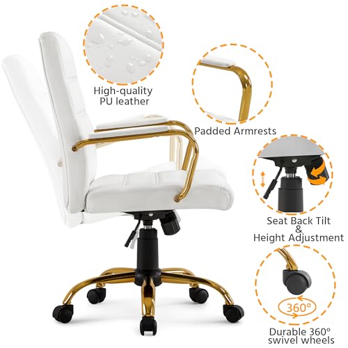 Yaheetech Mid-Back Office Chair PU Leather Desk Chair Adjustable Executive Task Chair w/Lumber Support Gold Leg White Seat Yaheetech
