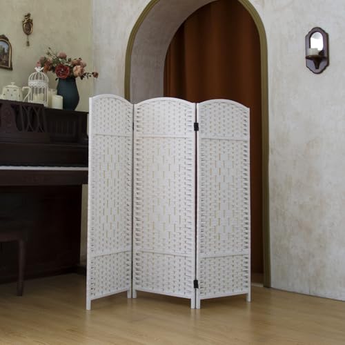 Pawlabay Compact 3 Panel Short Room Divider, 47.2 Inch Tall Double-Sided Rattan Folding Screen for Home & Office,White PawlaBay