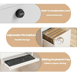 63" L-Shaped Reception Desk with LED Lights and Slatted Grille, Modern Front Desk with Built-in Outlets for Salon, Retail Store,Office,White Checkout Counter with Dimmable Switch,Reception Counter Laxodor