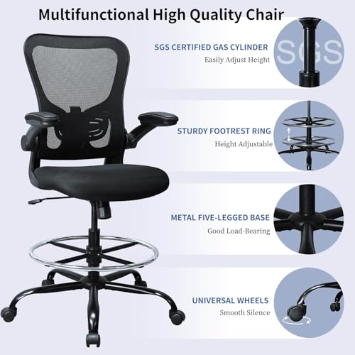 Drafting Chair, Ergonomic Tall Office Chair for Standing Desk, Counter Height Desk Chair with Adjustable Padded Armrests and Footrest Ring Standing Desk Chair Adjustable Height with Lumbar Support TOPBSHODC