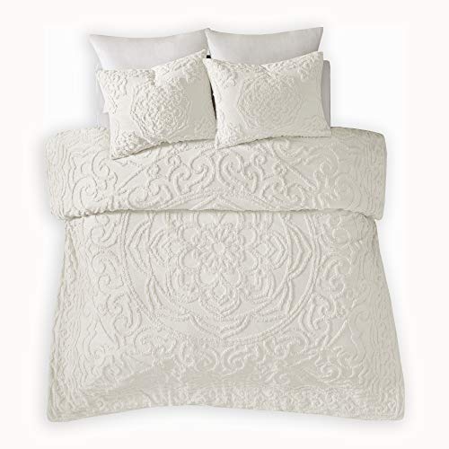 Madison Park Laetitia 100% Cotton Duvet Set-Chenille Tufted Medallion Design All Season Cozy Bedding Shabby Chic Comforter Cover, Matching Shams, Full/Queen (90 in x 90 in), Floral Off White Madison Park