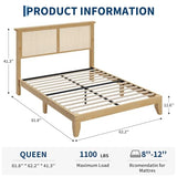GAOMON Queen Size Rattan Bed Frame, Rattan Bed with LED Light & Natural Headboard, Boho, Storage Space Underneth, Sturdy Wooden Slats Support, No Box Spring Needed GAOMON