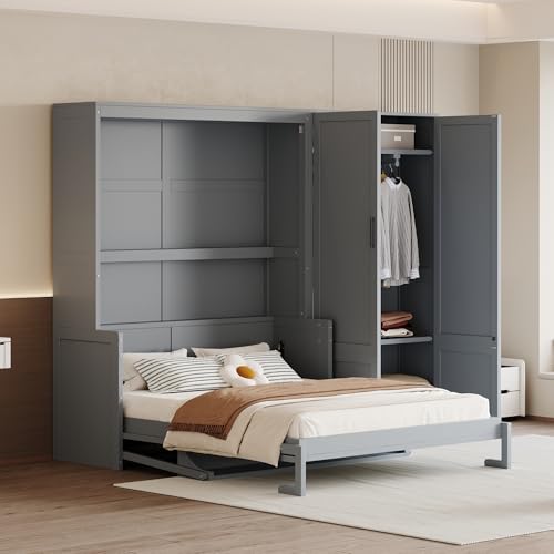 Merax Queen Size Murphy Bed Wall Bed with Closet and Wardrobe Storage for Bedroom,Gray Merax