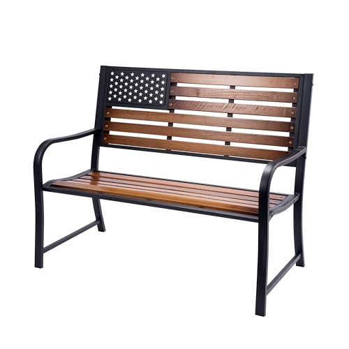 BACKYARD EXPRESSIONS PATIO · HOME · GARDEN Wooden Flag Bench Metal American Patio/Porch Slats-46 Width, 24" Deep Seat, Natural - WoodArtSupply