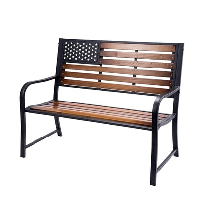 BACKYARD EXPRESSIONS PATIO · HOME · GARDEN Wooden Flag Bench Metal American Patio/Porch Slats-46 Width, 24" Deep Seat, Natural - WoodArtSupply