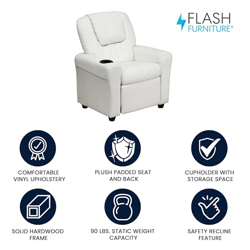 Flash Furniture Vana Vinyl Kids Recliner with Cup Holder, Headrest, and Safety Recline, Contemporary Reclining Chair for Kids, Supports up to 90 lbs., White