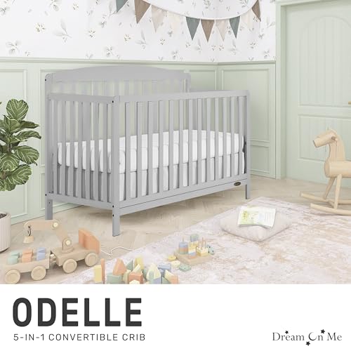 Dream On Me JPMA & Greenguard Gold Certified Odelle 5 in 1 Convertible Crib in Pebble Grey, Built of Sustainable Pinewood, 3 Mattress Height Settings, Non-Toxic Water-Based Paint Finish Dream On Me