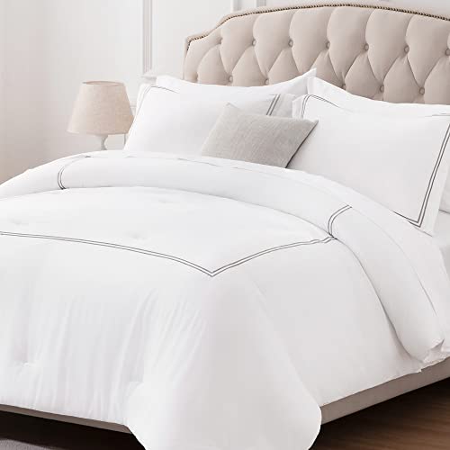 SLEEP ZONE Luxury Hotel Bedding Comforter Set 3-Piece Machine Washable, Lightweight Down Alternative Duvet Insert with Embroidered Stripes, King (106" x 95"), Grey Strips SLEEP ZONE