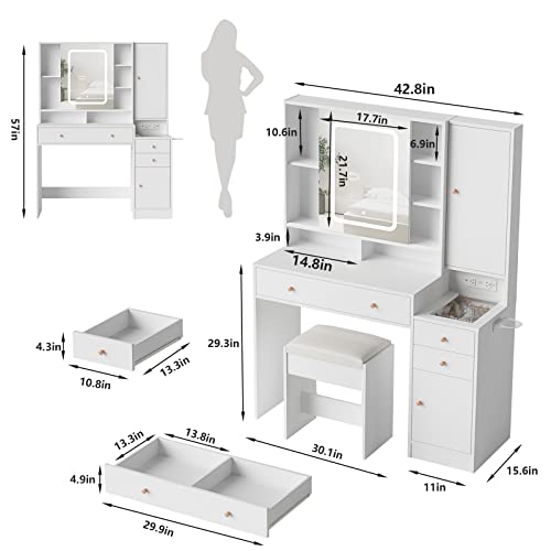 Vabches White Vanity Desk with Mirror and Lights, Vanity Table Makeup Vanity with Lights 3 Drawers and Cabinets, Charging Station & Sliding Door, Lots Storage Shelves Vabches