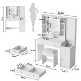 Vabches White Vanity Desk with Mirror and Lights, Vanity Table Makeup Vanity with Lights 3 Drawers and Cabinets, Charging Station & Sliding Door, Lots Storage Shelves Vabches