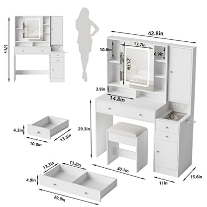 Vabches White Vanity Desk with Mirror and Lights, Vanity Table Makeup Vanity with Lights 3 Drawers and Cabinets, Charging Station & Sliding Door, Lots Storage Shelves - WoodArtSupply