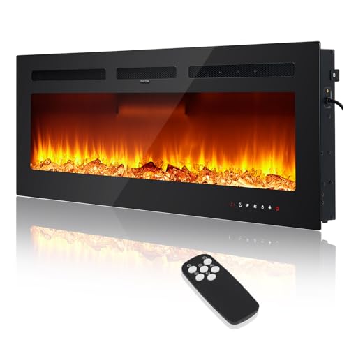 Zstar 60" Electric Fireplace Recessed and Wall Mounted with Remote Control, 750-1500W Fireplace Heater with Timer, Thermostat, Low Noise, Adjustable Flame Color, Speed & Brightness, Log & Crystals Zstar