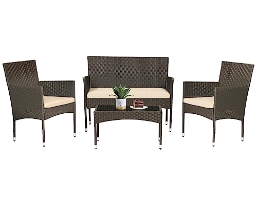 FDW Patio Furniture Set 4 Pieces Outdoor Rattan Chair Wicker Sofa Garden Conversation Bistro Sets for Yard (Brown) FDW