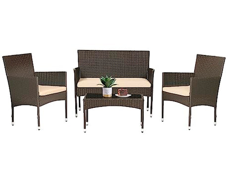 FDW Patio Furniture Set 4 Pieces Outdoor Rattan Chair Wicker Sofa Garden Conversation Bistro Sets for Yard (Brown) FDW
