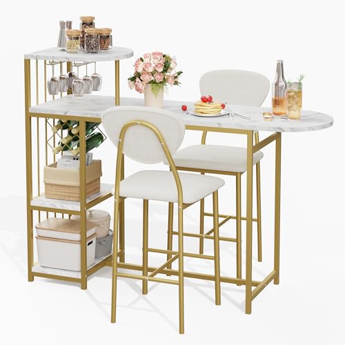 Garvee Dining Table Set for 2, 3-Piece Expandable Bar Table and Chairs Set, with Storage Shelves and Wine Rack, Small Kitchen Dining Set for Living Room, Apartment Garvee