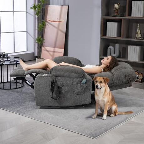RHHVVR Oversized Power Recliner Chair for Big and Tall 400 LBS, 25.5" Extra Wide Electric Lift Chair with Heat and Massage, Dual Motor 180° Lay Flat Recliner Living Room Sofa, Chenille Big Lift Chair RHHVVR