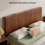 Evermagin Walnut Queen Floating Bed Frame with Headboard, Mid Century Modern Fluted Platform Bed with LED Lights, Heavy Duty Floating Bedframe with Charging Station, No Box Spring Needed Evermagin
