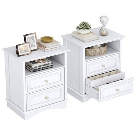 XIAO WEI White Nightstand with Hidden Drawer Set of 2, 2-Drawer Nightstand with Open Shelf – Sturdy Wood Bedroom End Table with Storage, Modern Furniture for Bedroom Organization XIAO WEI
