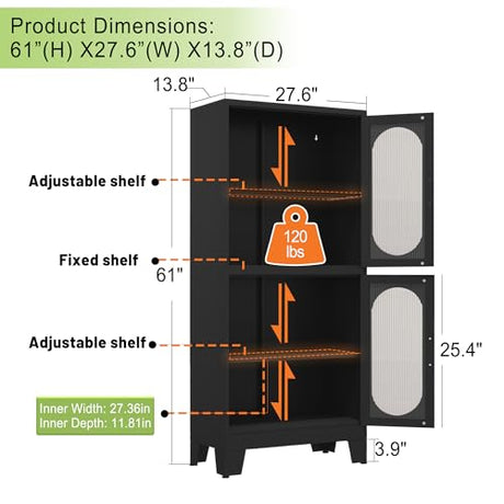Winiowa 61" Black Metal Pantry Cabinet with Adjustable Shelves and Acrylic Glass Doors winiowa