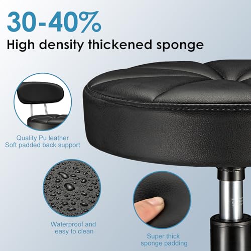 FNZIR PU Leather Rolling Stool with Back Support Height Adjustable Swivel Stool Chair with Wheels Drafting Chair for Spa Slaon Massage Stable Base Foot Black FNZIR