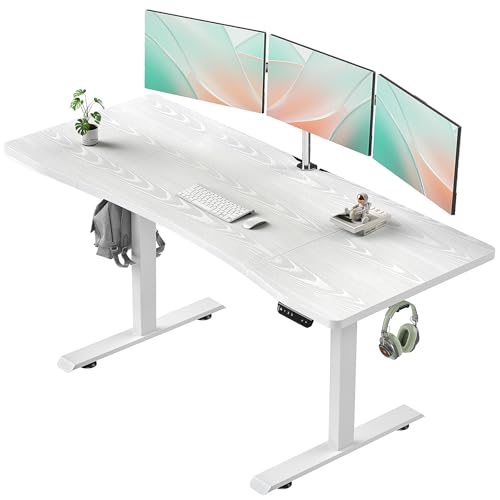 Veken 63 x 28 Inch Electric Standing Desk, Sit to Stand Up, Work Home Office Computer Table for Study, Walking Pad, Writing, and Games, Wooden Desktop Desks, White Veken