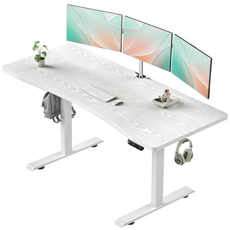 Veken 63 x 28 Inch Electric Standing Desk, Sit to Stand Up, Work Home Office Computer Table for Study, Walking Pad, Writing, and Games, Wooden Desktop Desks, White Veken