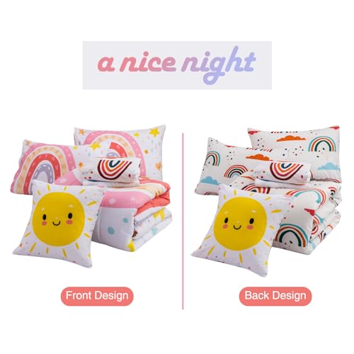 A Nice Night Bedding 6 Pcs Cartoon Rainbow Bedding Set with Smile Sun Printed for Boys Girls Bed Comforter Sets (White, Twin) A Nice Night