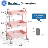 OLIXIS 3 Tier Utility Rolling Cart, Metal Mobile Storage Shelf with Lockable Caster Wheels, Organization for Livingroom, Bathroom & Narrow Places, Pink OLIXIS