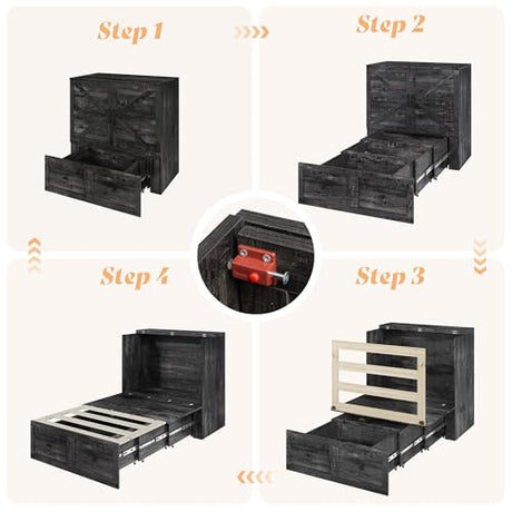 AMERLIFE Twin Murphy Bed Cabinet with Charging Station and Storage Drawer, Farmhouse Foldable Platform Bed for Home Office, Apartment, Small Spaces, Black Oak AMERLIFE
