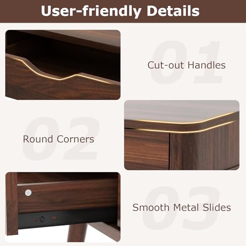 Tangkula Mid Century Desk with 2 Storage Drawers, Modern Writing Study Desk with Rubber Wood Legs, Versatile Home Office Study Desk for Small Space, Vanity Table for Bedroom (Walnut) Tangkula